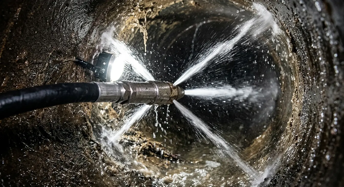 High-pressure hydro jetting nozzle cleaning sewer pipe for Sewer Cleanout in Watchung