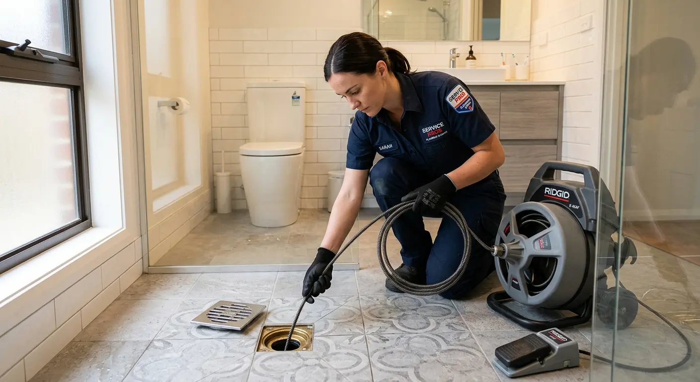 Technician clearing a bathroom floor drain for Hydro Jetting in Watchung